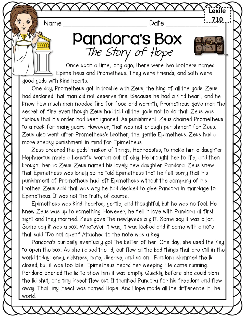 Pandora's Box, The Story of Hope: Lexile 710 myth of the locked gift that released troubles, leaving only Hope