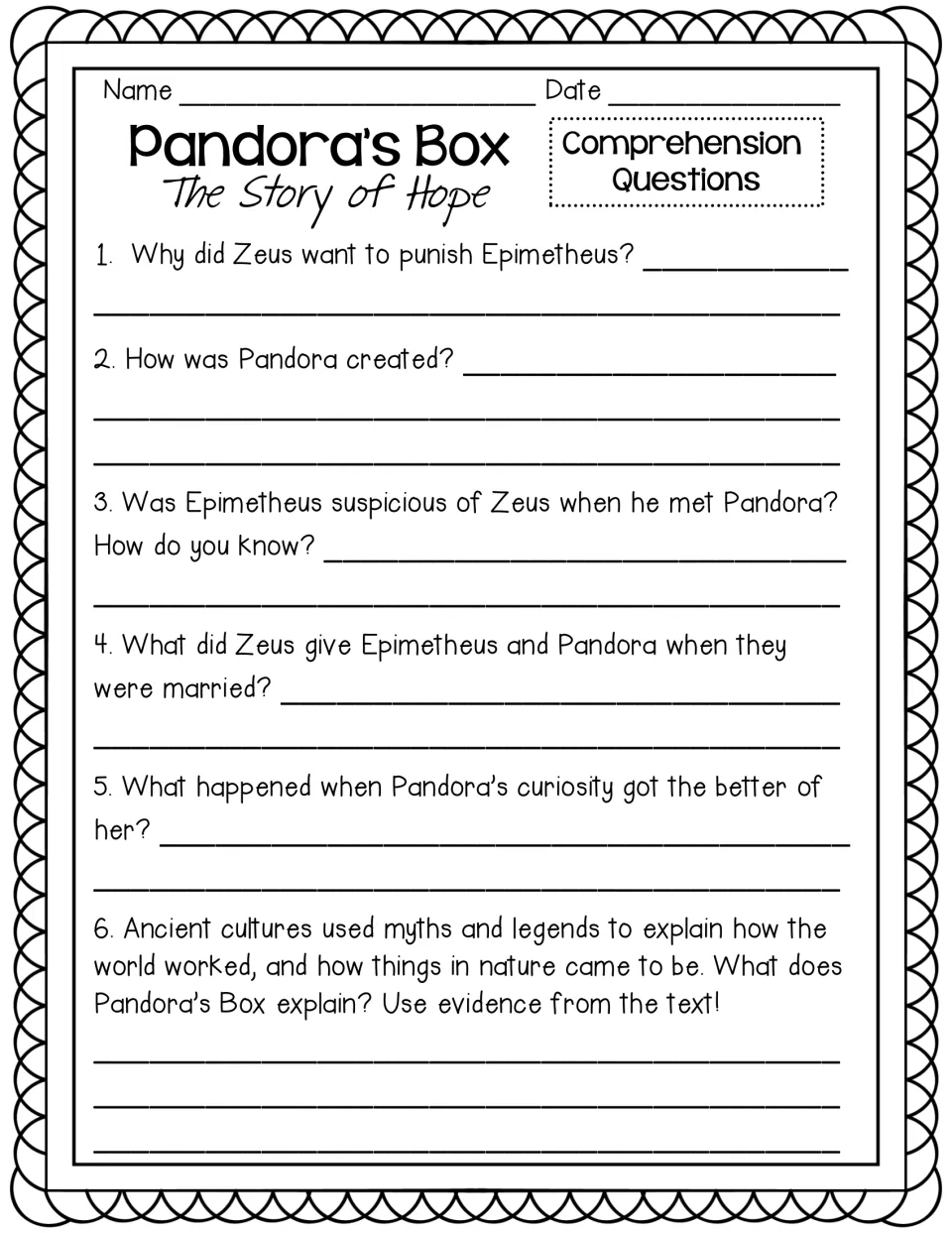 Pandora's Box questions: six prompts on how Pandora was made and what the myth explains, citing evidence from the text