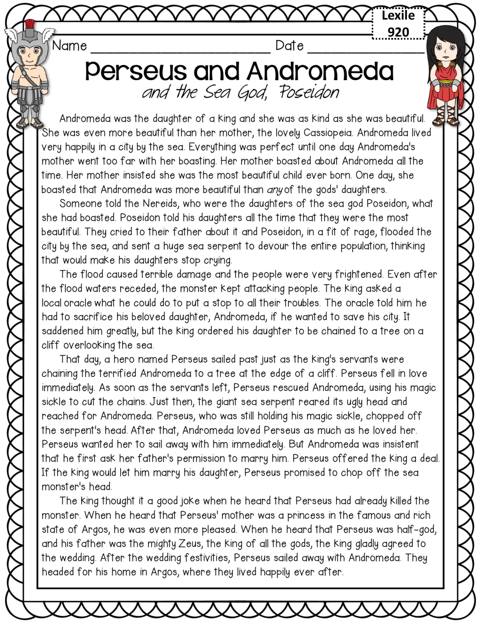 Perseus and Andromeda and the Sea God, Poseidon: Lexile 920 myth of Perseus rescuing Andromeda from a sea serpent