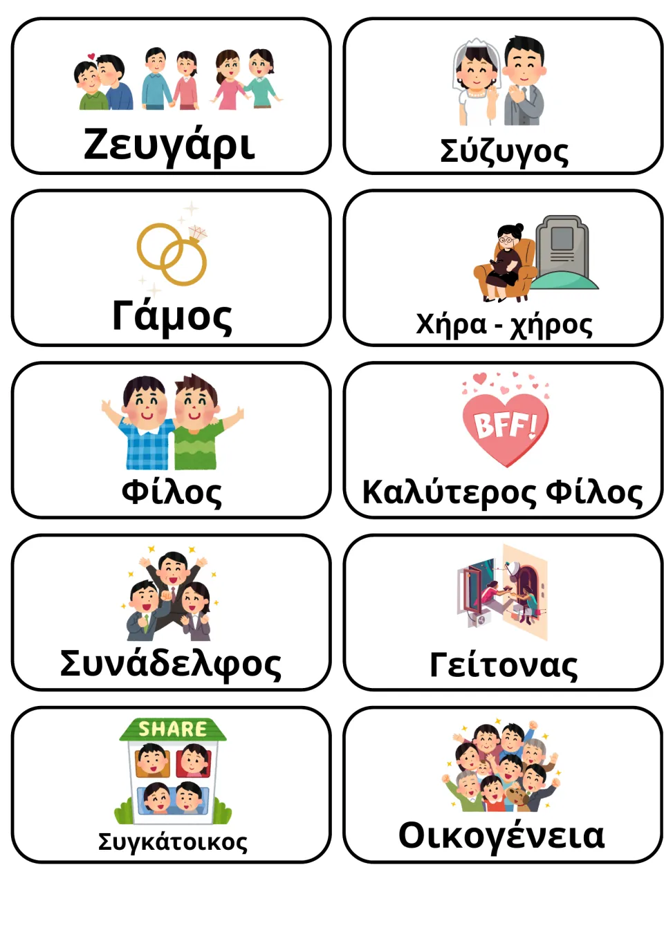 Greek relationship flashcards 21–30: Ζευγάρι (couple), Γάμος (marriage), Φίλος (friend) and seven more.