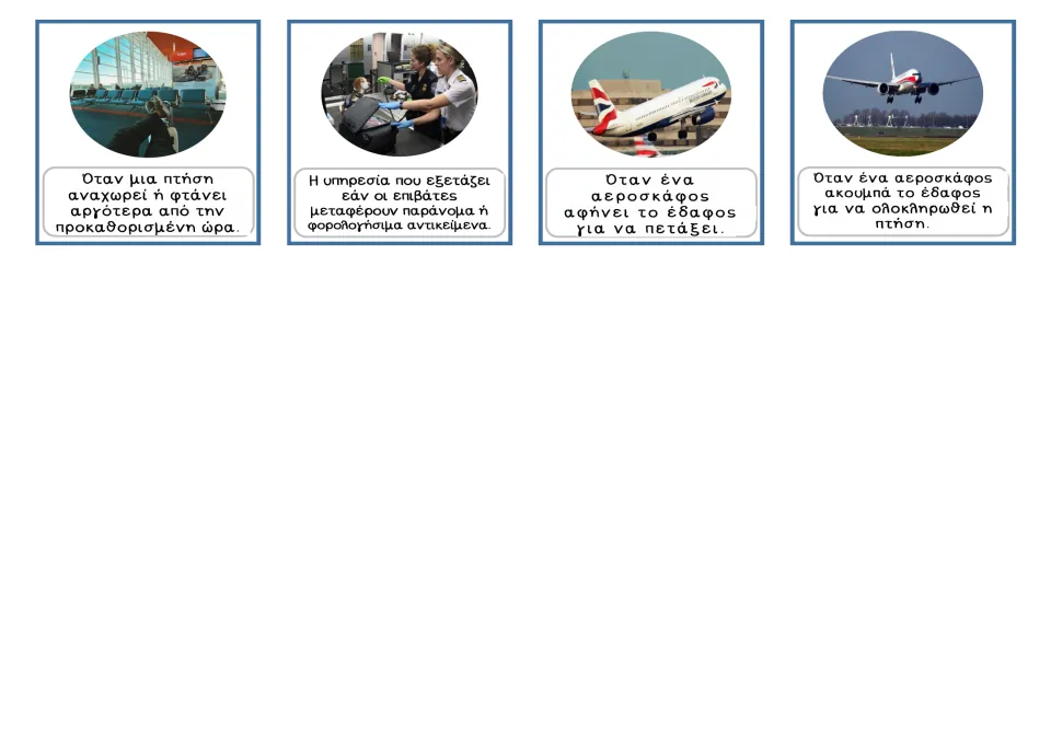 Greek airport cards 13–16 pair pictures and definitions for flight delay, customs, takeoff and landing.