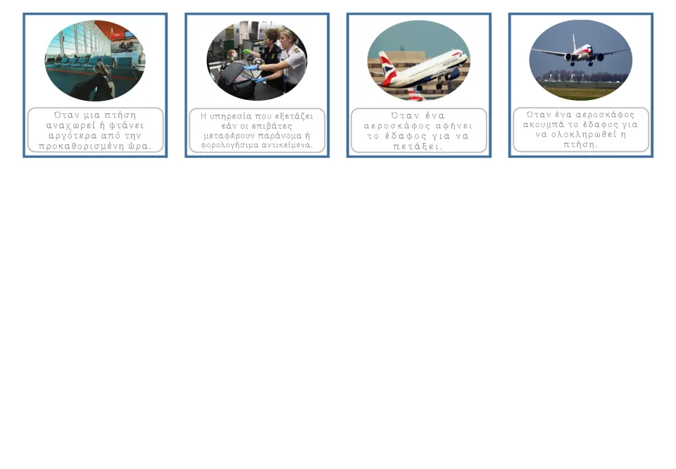 Greek airport cards 13–16 show pictures and tracing definitions for delay, customs, takeoff and landing.