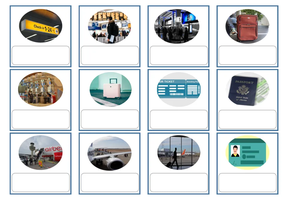 Greek airport picture cards 1–12 have blank spaces for definitions, including suitcase, ticket and passport.