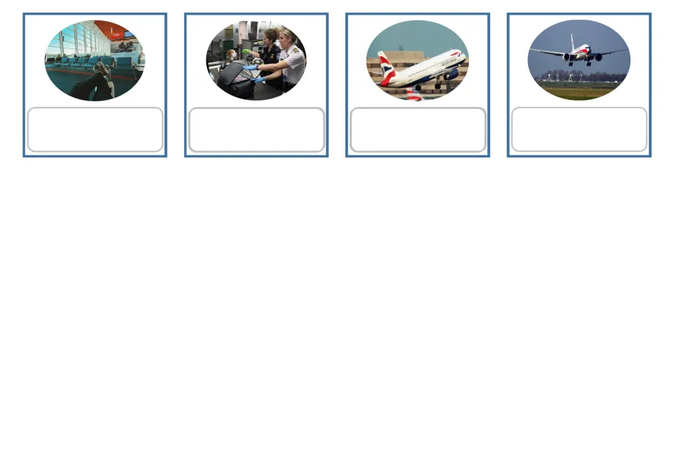Greek airport picture cards 13–16 show delay, customs, takeoff and landing with blank definition spaces.