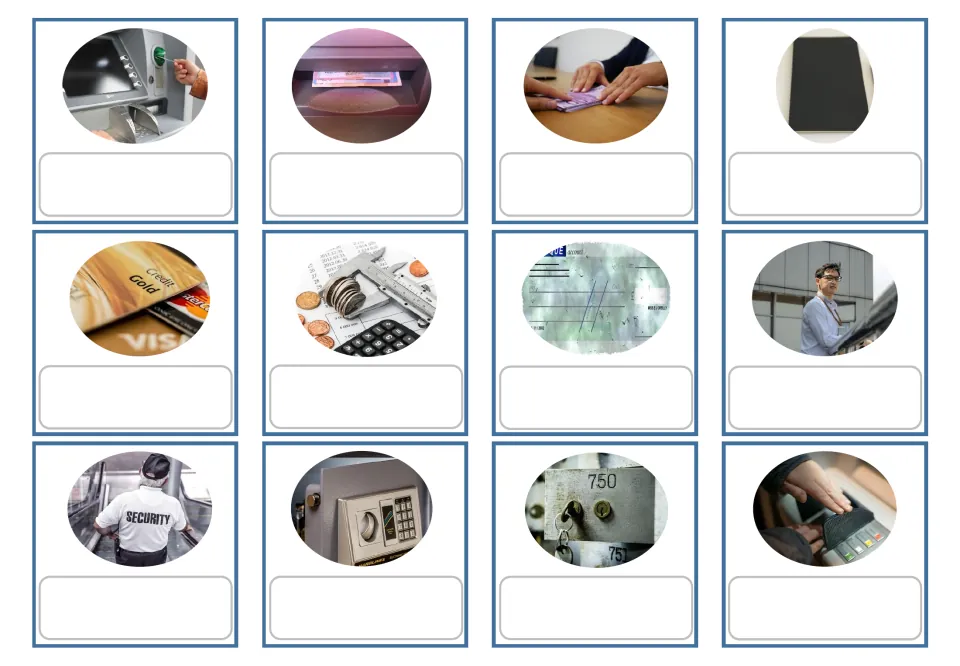 Greek banking picture-only cards 1–12 show an ATM, withdrawal, deposit and nine more definition-matching images.