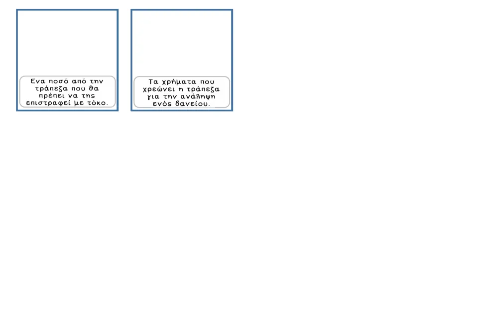 Greek banking definition-only cards 13–14 describe a loan to repay with interest and the bank's borrowing charge.