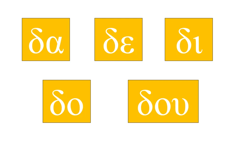 Greek syllable practice card 3 of 23: δα, δε, δι, δο, δου, pairing delta with five vowel spellings.