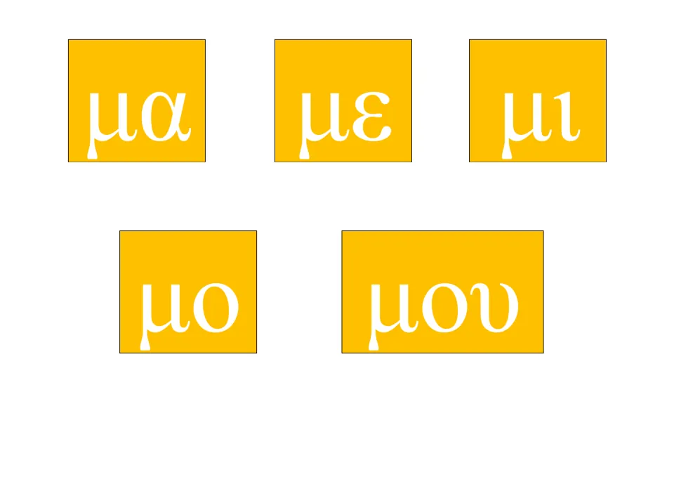 Greek syllable practice card 8 of 23: μα, με, μι, μο, μου, pairing mu with five vowel spellings.