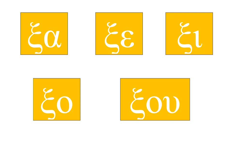 Greek syllable practice card 10 of 23: ξα, ξε, ξι, ξο, ξου, pairing xi with five vowel spellings.