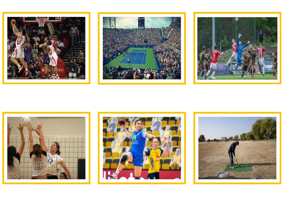 Sports photo cards 1–6 for Greek vocabulary: basketball, tennis, soccer, volleyball, handball, and golf