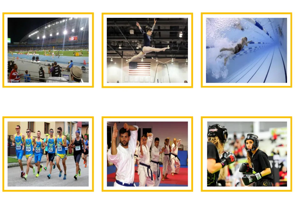 Sports photo cards 7–12 for Greek vocabulary: track and field, gymnastics, swimming, marathon, karate, and boxing