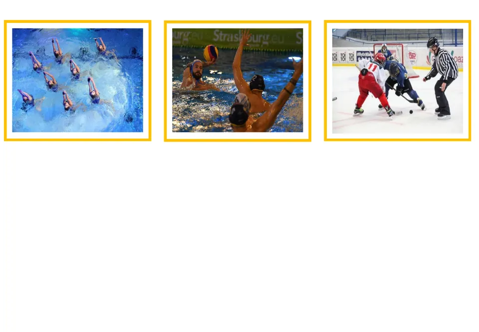 Sports photo cards 13–15 for Greek vocabulary: synchronized swimming, water polo, and ice hockey