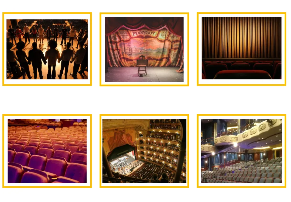 Theater vocabulary photo cards 1–6: performers, stage, curtain, audience seating, theater boxes, and balcony