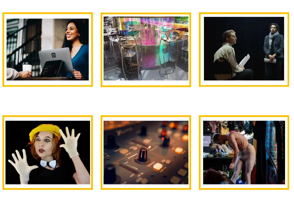 Theater vocabulary photo cards 7–12: sales counter, foyer, rehearsal, mime, sound controls, and dressing room