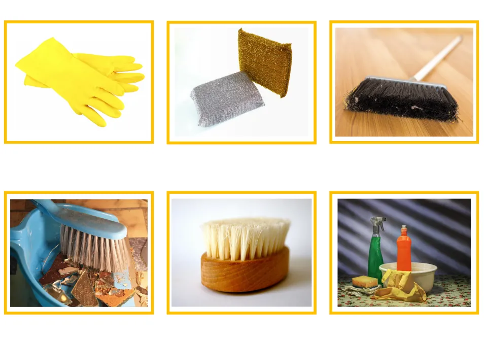 Cleaning vocabulary photo cards 7–12: gloves, scouring pads, broom, dustpan, brush, and cleaning supplies