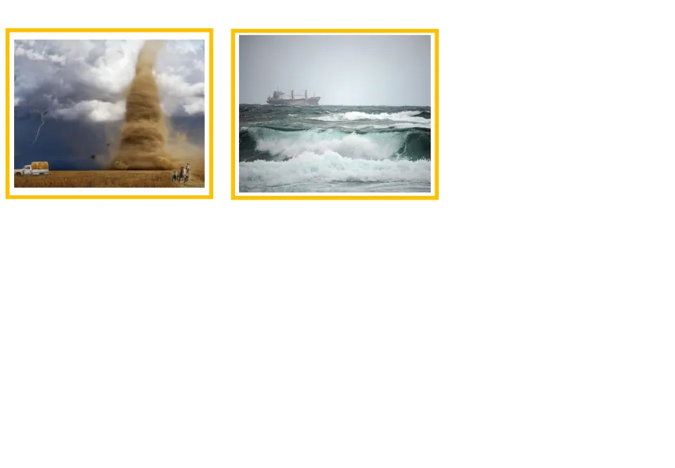 Weather picture cards 13–14 for Greek vocabulary: a tornado and rough seas with a ship in the distance