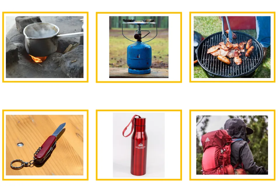 Greek camping photo cards 7–12: cooking pot, gas stove, grilling, pocketknife, water bottle, and backpack