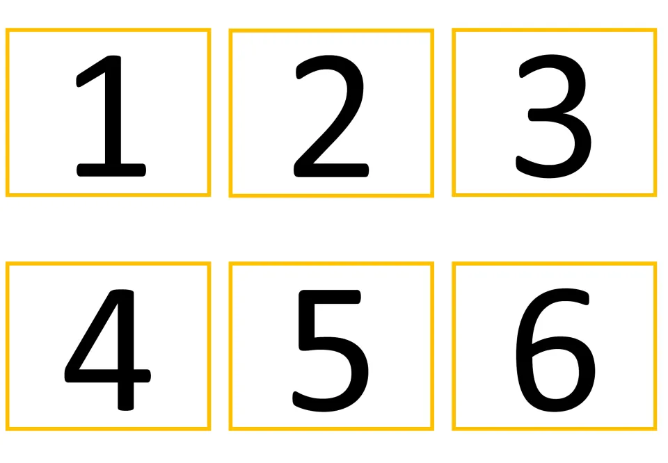 Greek number resource numeral cards 1–6: six cards displaying 1, 2, 3, 4, 5, and 6 for number identification