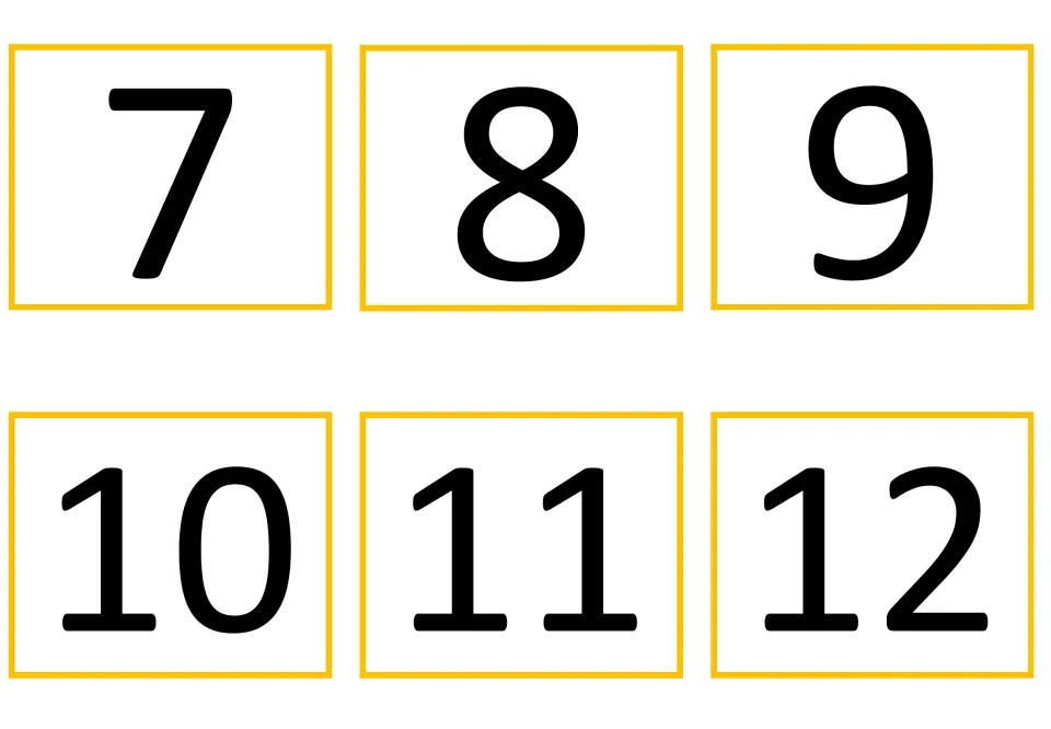 Greek number resource numeral cards 7–12: six cards displaying 7, 8, 9, 10, 11, and 12