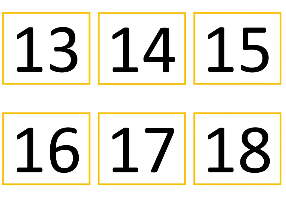 Greek number resource numeral cards 13–18: six cards displaying 13, 14, 15, 16, 17, and 18
