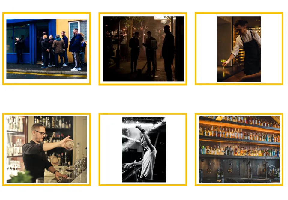 Greek vocabulary photo cards 1–6 show a waiting line, door staff, a waiter, a bartender, a DJ, and alcohol