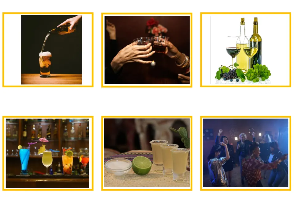Greek vocabulary photo cards 7–12 illustrate beer, drinks, wine, cocktails, shots, and people dancing