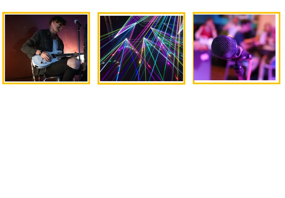 Greek vocabulary photo cards 13–15 illustrate music, lights, and karaoke with a musician, lasers, and a mic