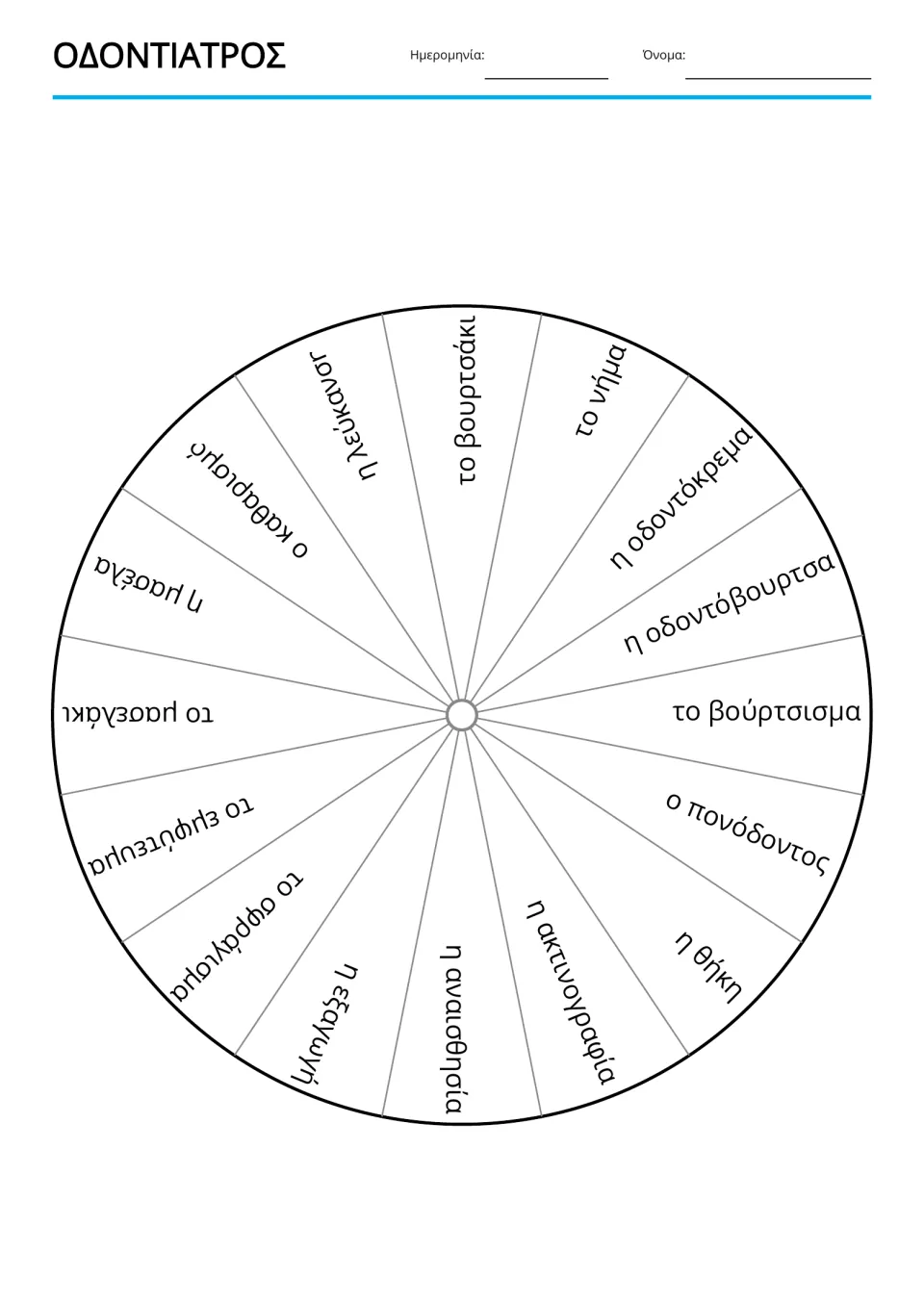 Greek dental vocabulary reference wheel includes all 16 terms, from brushing to ο πονόδοντος (toothache)