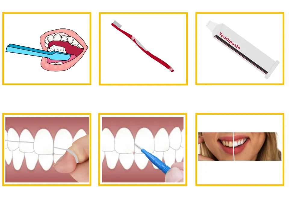 Dental vocabulary picture cards 1–6: brushing, toothbrush, toothpaste, floss, interdental brush, and whitening
