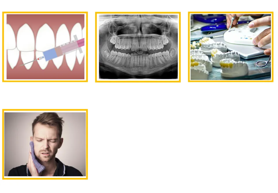 Dental vocabulary picture cards 13–16 show an anesthetic injection, dental X-ray, crown work, and toothache