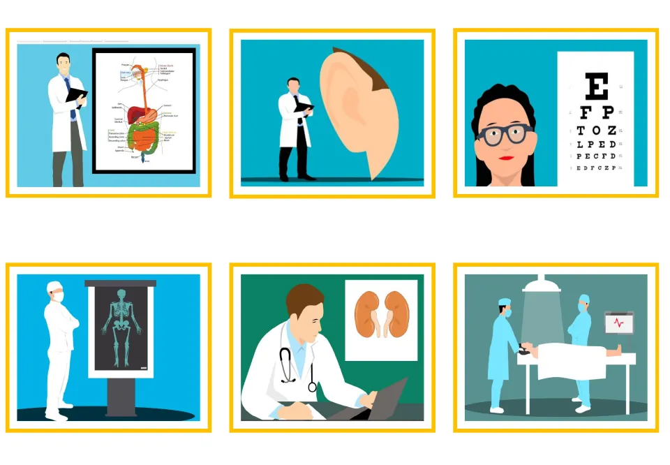 Greek doctor vocabulary picture cards 1–6 show digestive organs, an ear, an eye chart, bones, kidneys, and surgery
