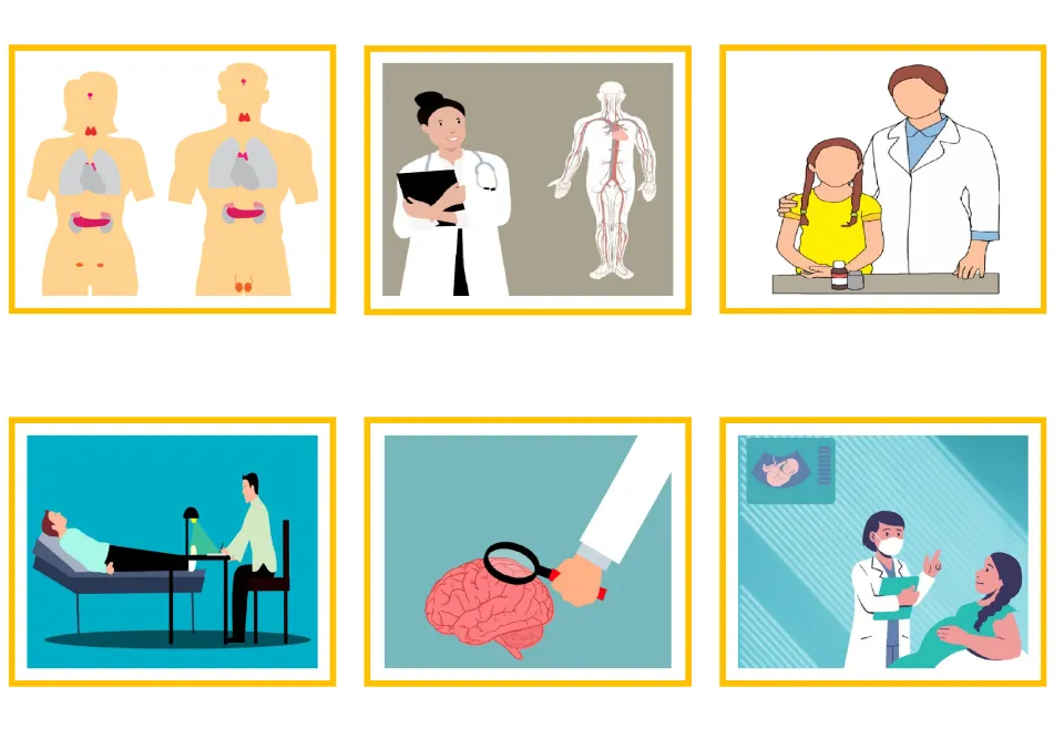 Greek doctor vocabulary picture cards 7–12 show glands, circulation, child care, therapy, a brain, and pregnancy