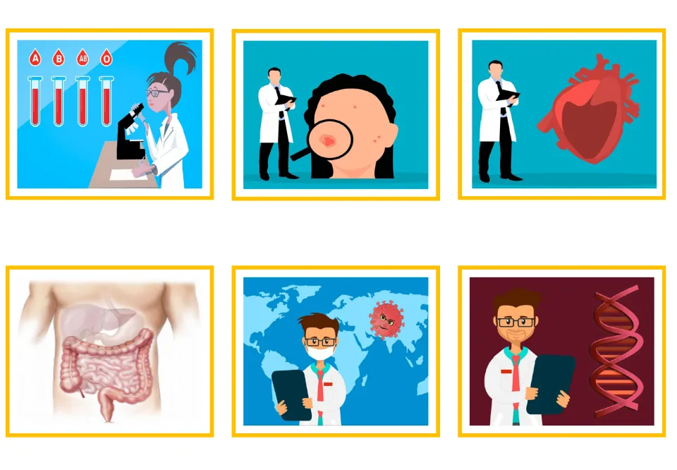 Greek doctor vocabulary picture cards 13–18 show blood testing, skin, a heart, digestion, a virus, and DNA