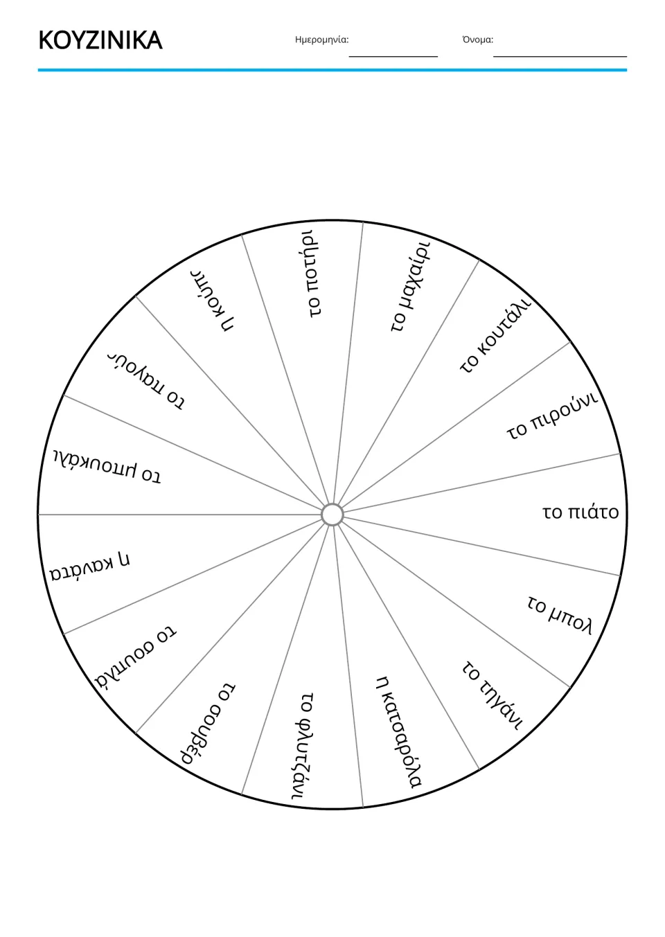 Greek kitchen vocabulary reference wheel containing 15 terms, including μπολ (bowl) and πιάτο (plate)