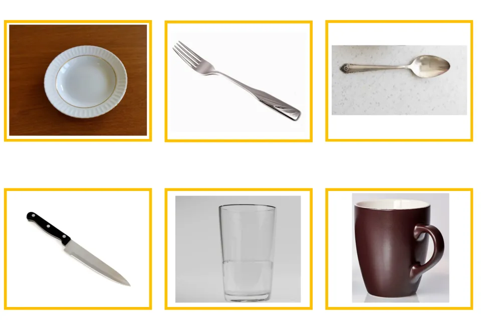 Greek kitchen vocabulary photo cards 1–6: plate, fork, spoon, knife, drinking glass, and mug