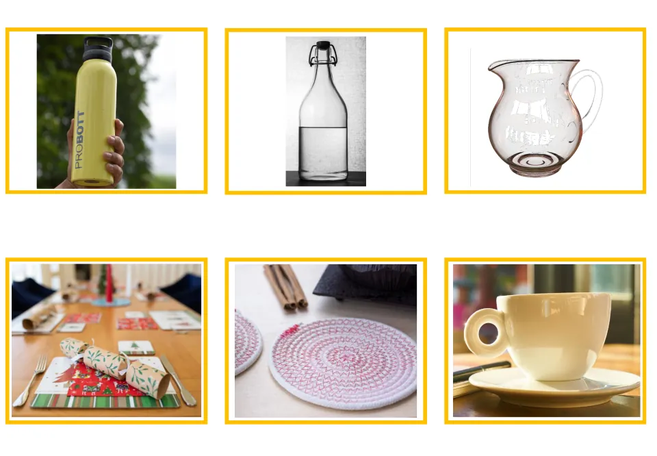 Greek kitchen vocabulary photo cards 7–12: water bottle, glass bottle, pitcher, placemat, coaster, and cup