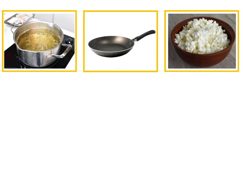 Greek kitchen vocabulary photo cards 13–15: a cooking pot on a stove, a frying pan, and a food-filled bowl