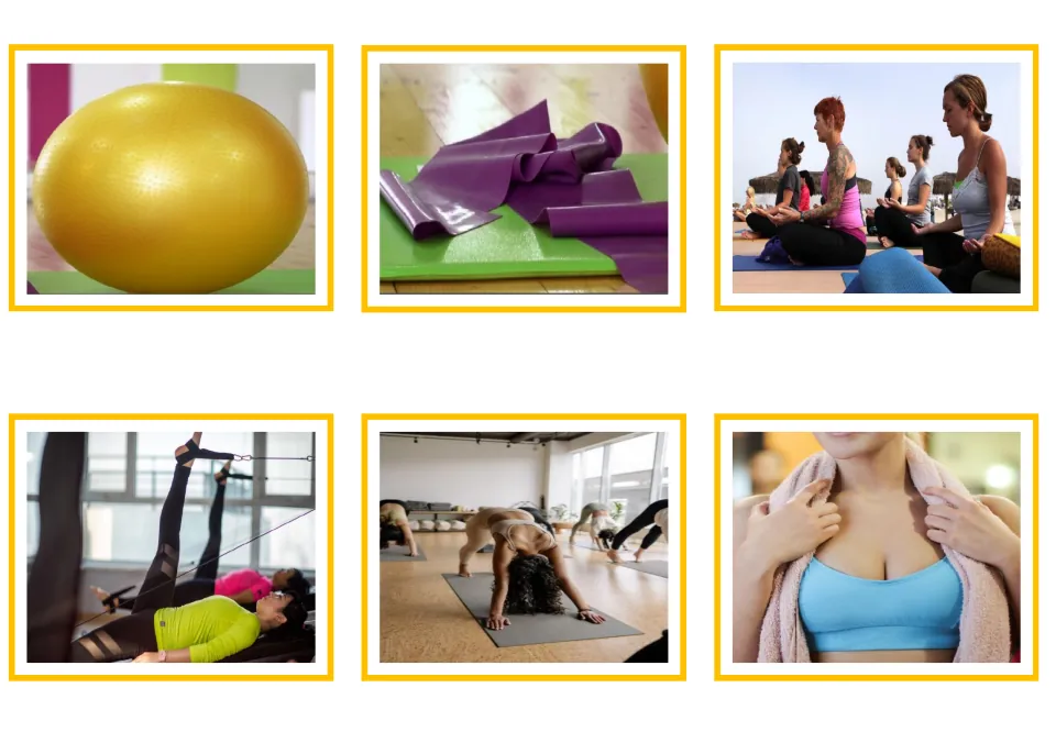 Yoga and Pilates vocabulary photo cards 7–12: exercise ball, bands, group, equipment, studio, and towel