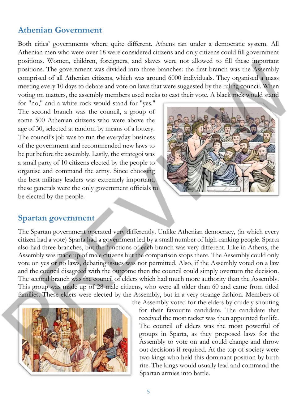 Athenian and Spartan government: reading on the assembly, council, strategoi, council of elders and Sparta's two kings