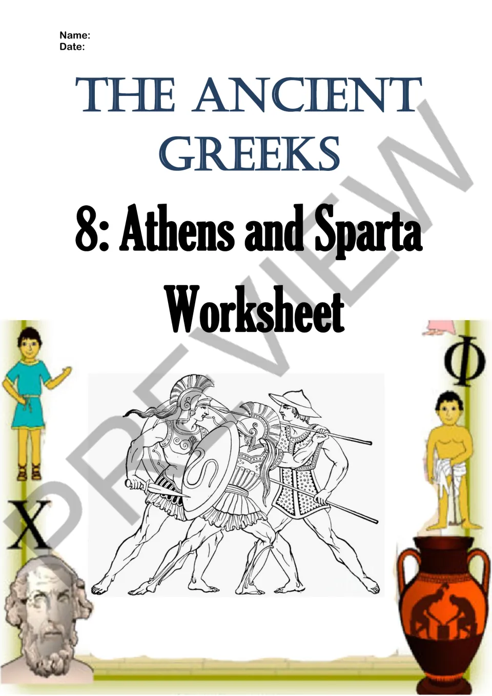 Worksheet title page for The Ancient Greeks 8: Athens and Sparta, with name and date fields and a drawing of Greek warriors