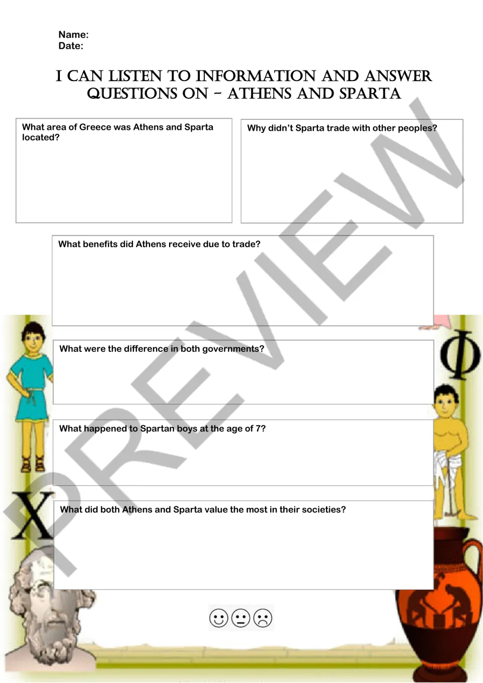 Athens and Sparta listening questions: students answer questions on location, trade, government and Spartan boys at age 7