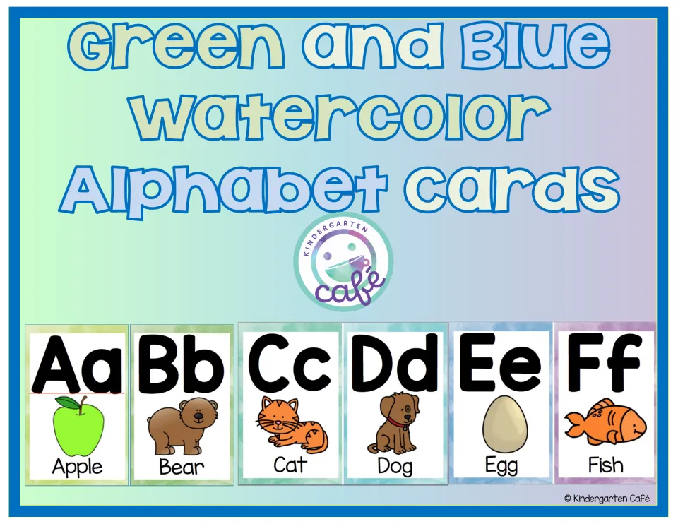 Green and Blue Watercolor Alphabet Cards cover showing sample cards Aa to Ff with apple, bear, cat, dog, egg and fish