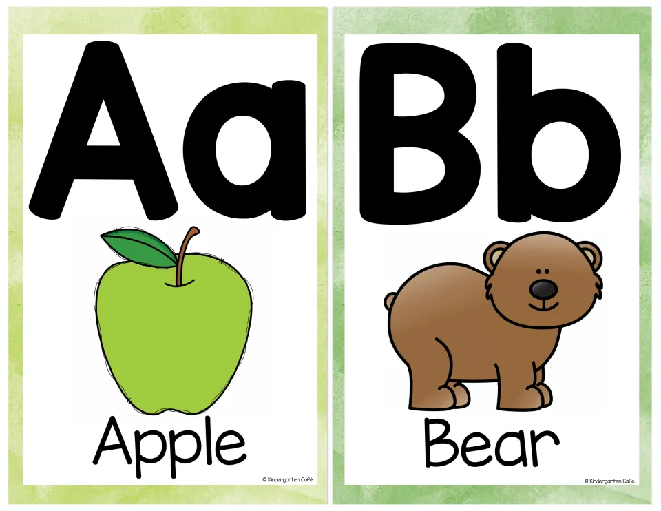 Letters A and B: alphabet cards with uppercase and lowercase Aa beside a green apple and Bb beside a brown bear