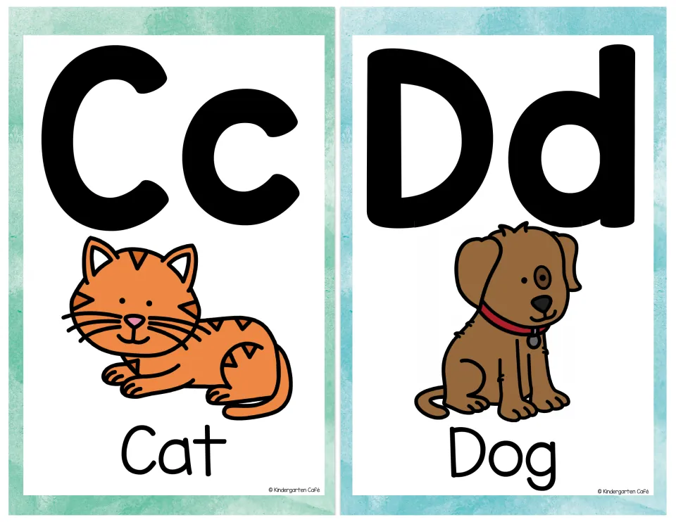 Letters C and D: Cc card shows an orange cat and Dd card shows a brown dog, each labeled with its beginning-sound word