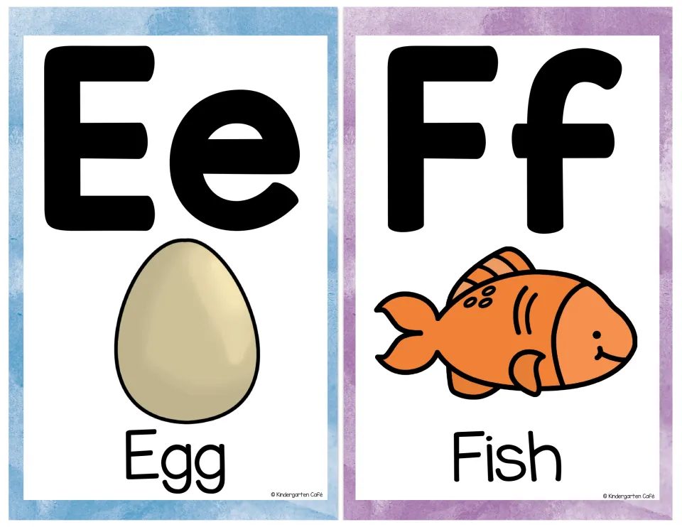 Letters E and F: Ee alphabet card with a pictured egg and Ff card with an orange fish, each with the picture word