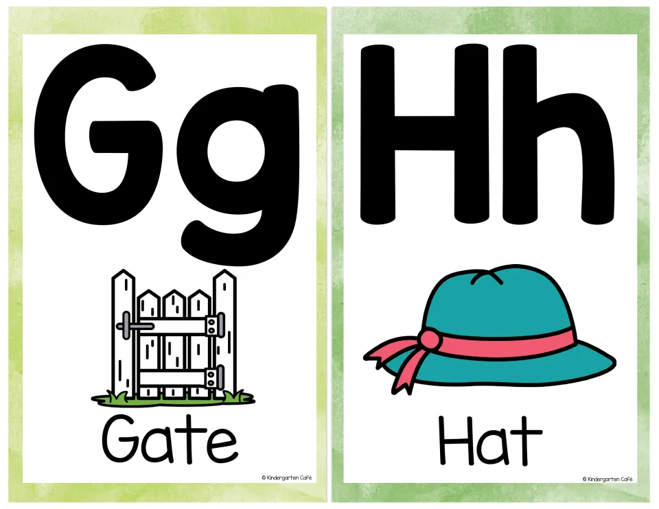 Letters G and H: Gg card pictures a white picket gate and Hh card pictures a teal hat with a pink ribbon, each labeled
