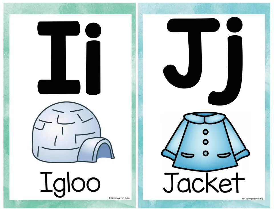 Letters I and J: Ii alphabet card with an igloo and Jj card with a light blue jacket, showing uppercase and lowercase