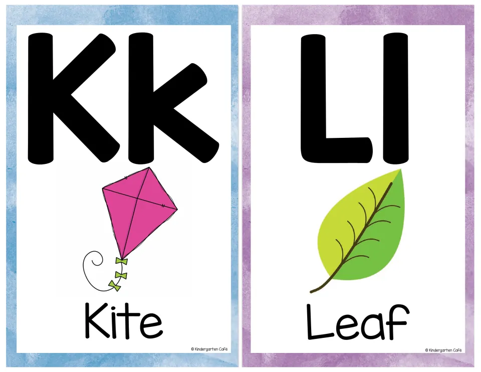 Letters K and L: Kk card shows a pink kite with a bow tail and Ll card shows a green leaf, each with its key word