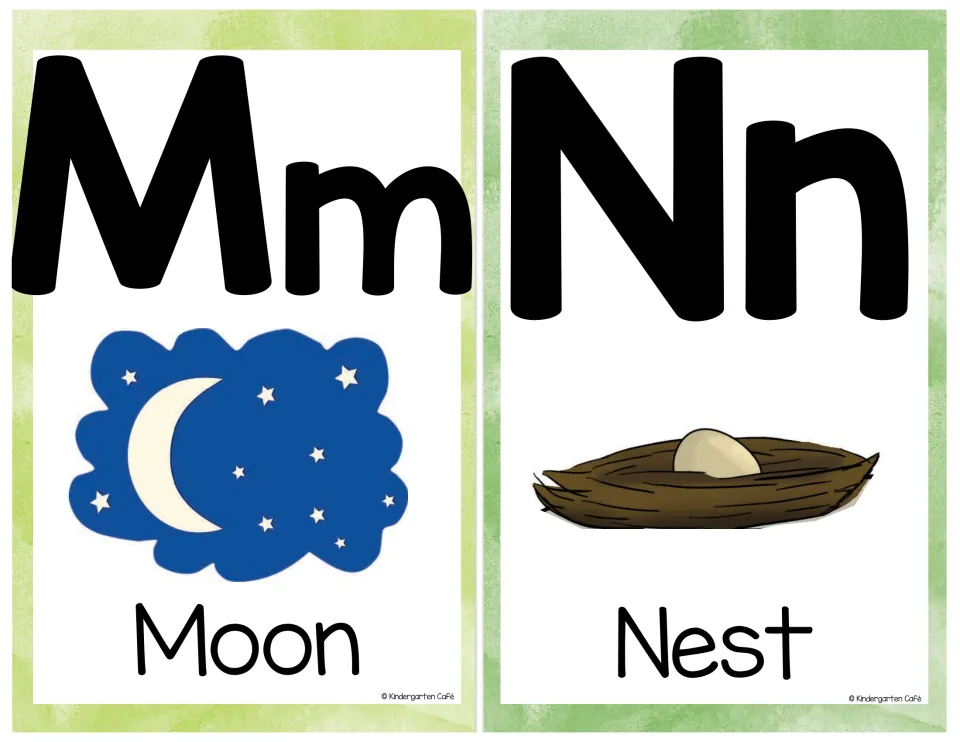 Letters M and N: Mm alphabet card with a crescent moon in a starry sky and Nn card with an egg in a bird's nest