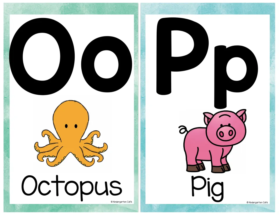 Letters O and P: Oo card pictures an orange octopus and Pp card pictures a pink pig, each with the matching word